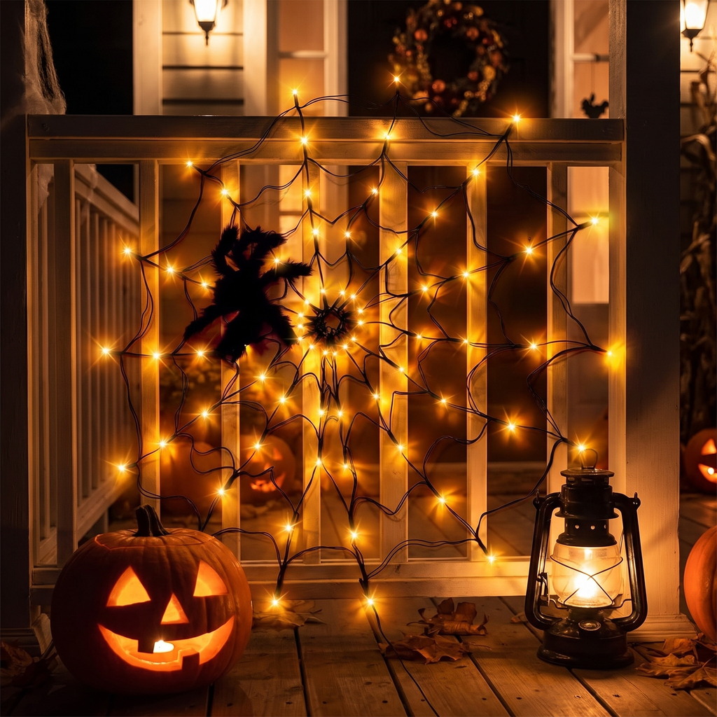 Spider web lights on a decorated porch with a carved pumpkin at night