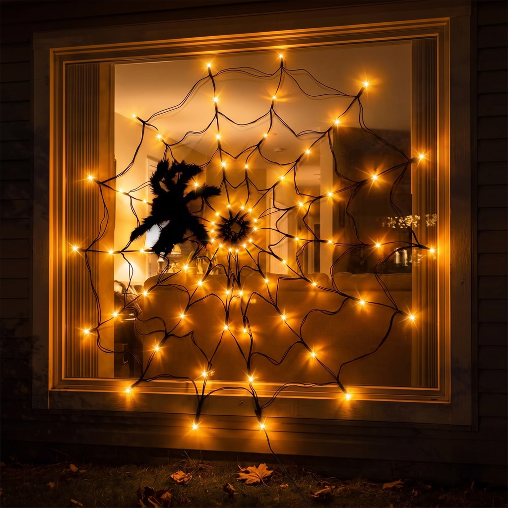 Spider web lights glowing in a house window at night