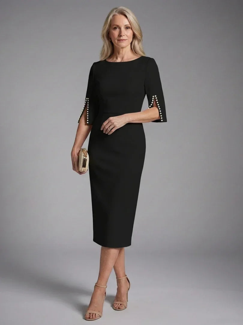 Black split sleeve midi dress, front view