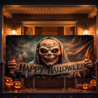 Halloween banner hung over a front door at night