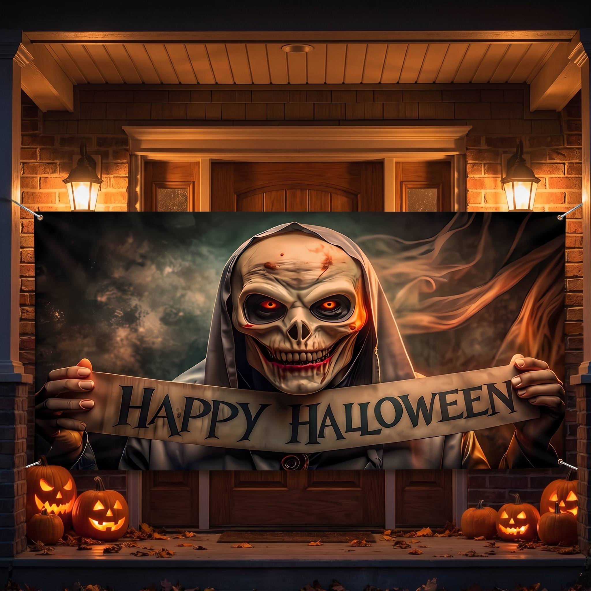Halloween banner hung over a front door at night