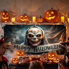 Halloween banner used as a party backdrop on an interior wall
