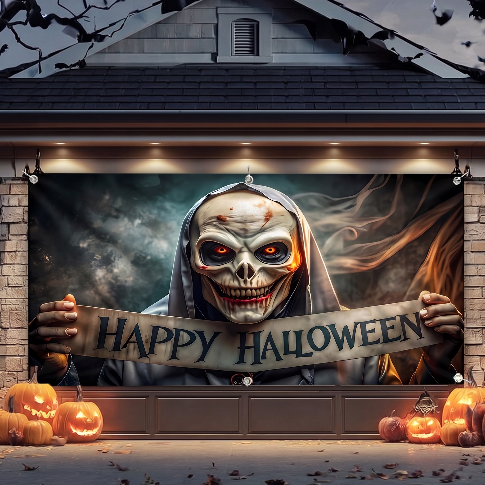 Close-up of the spooky print on the banner fabric