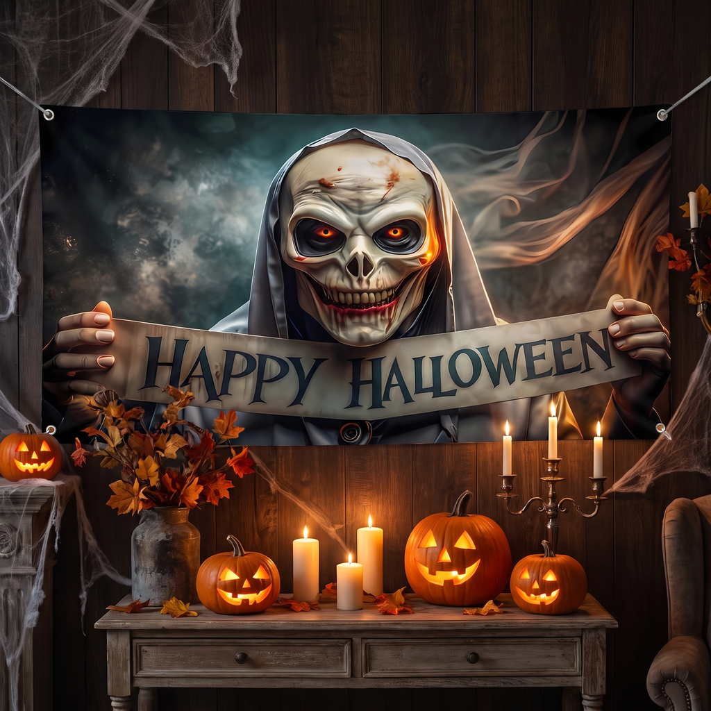 Halloween banner hanging in a decorated room
