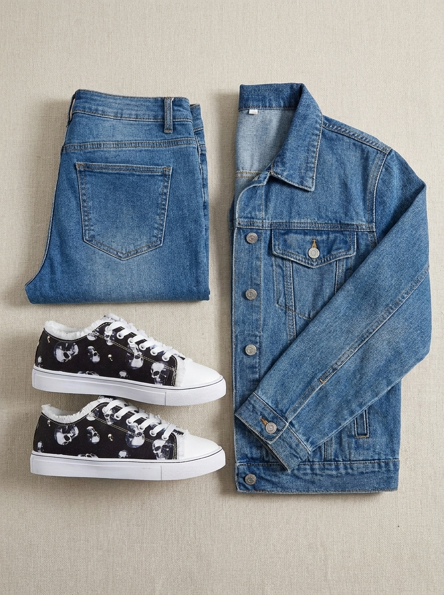Flat lay of the sneakers with a casual outfit