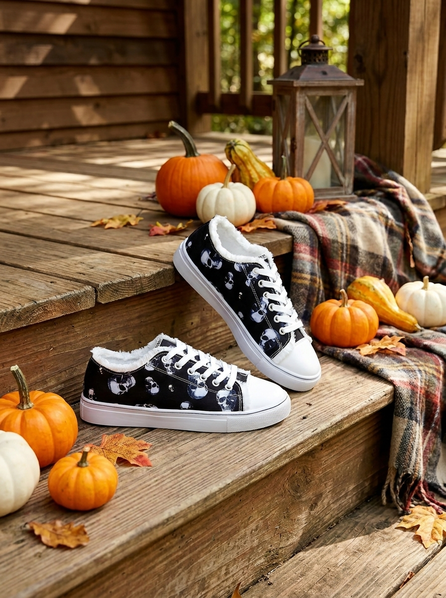 Sneakers on a fall porch step