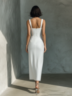 White square neck midi dress, side view