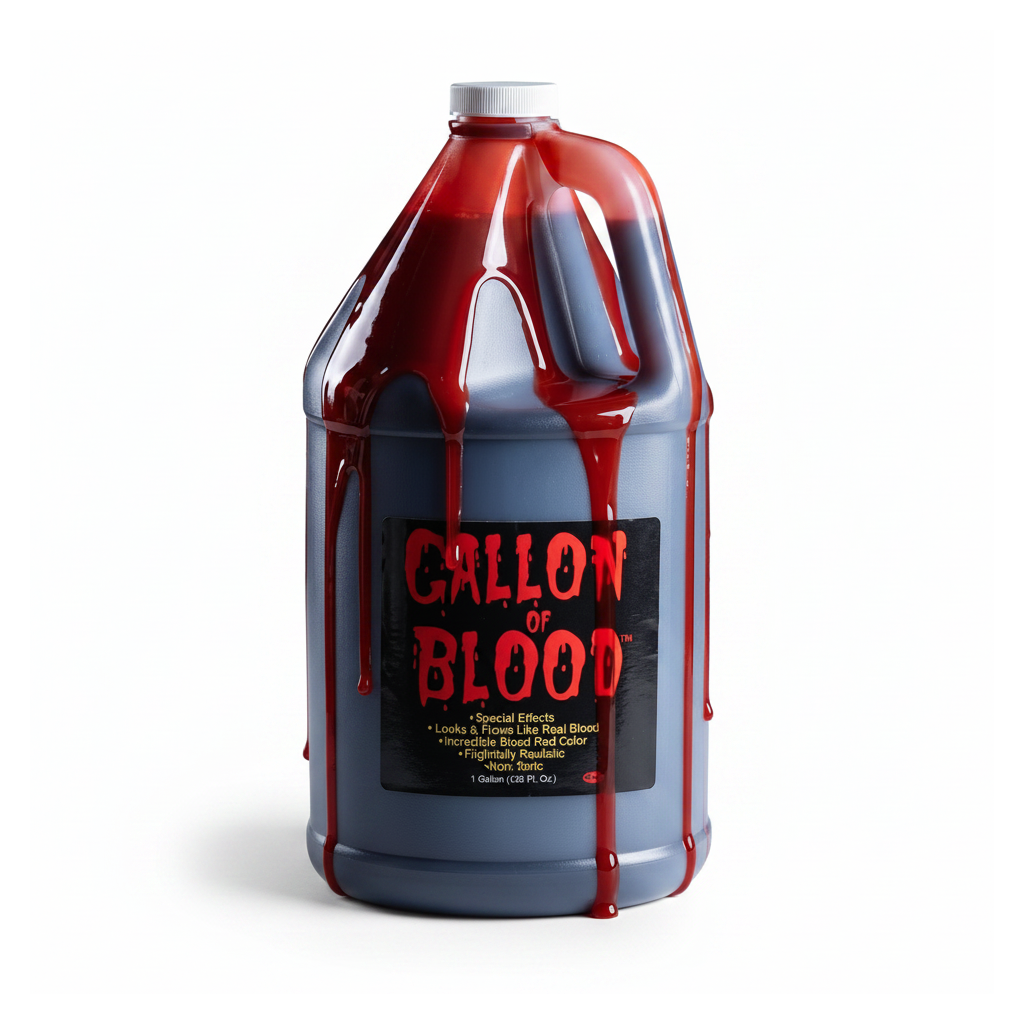 1 gallon jug of stage blood on a white background