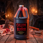 Gallon of stage blood on a table in a haunted house scene