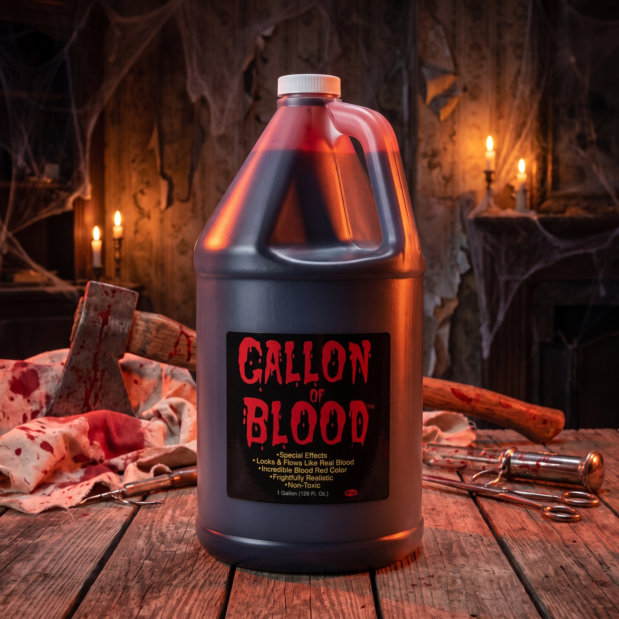 Gallon of stage blood on a table in a haunted house scene
