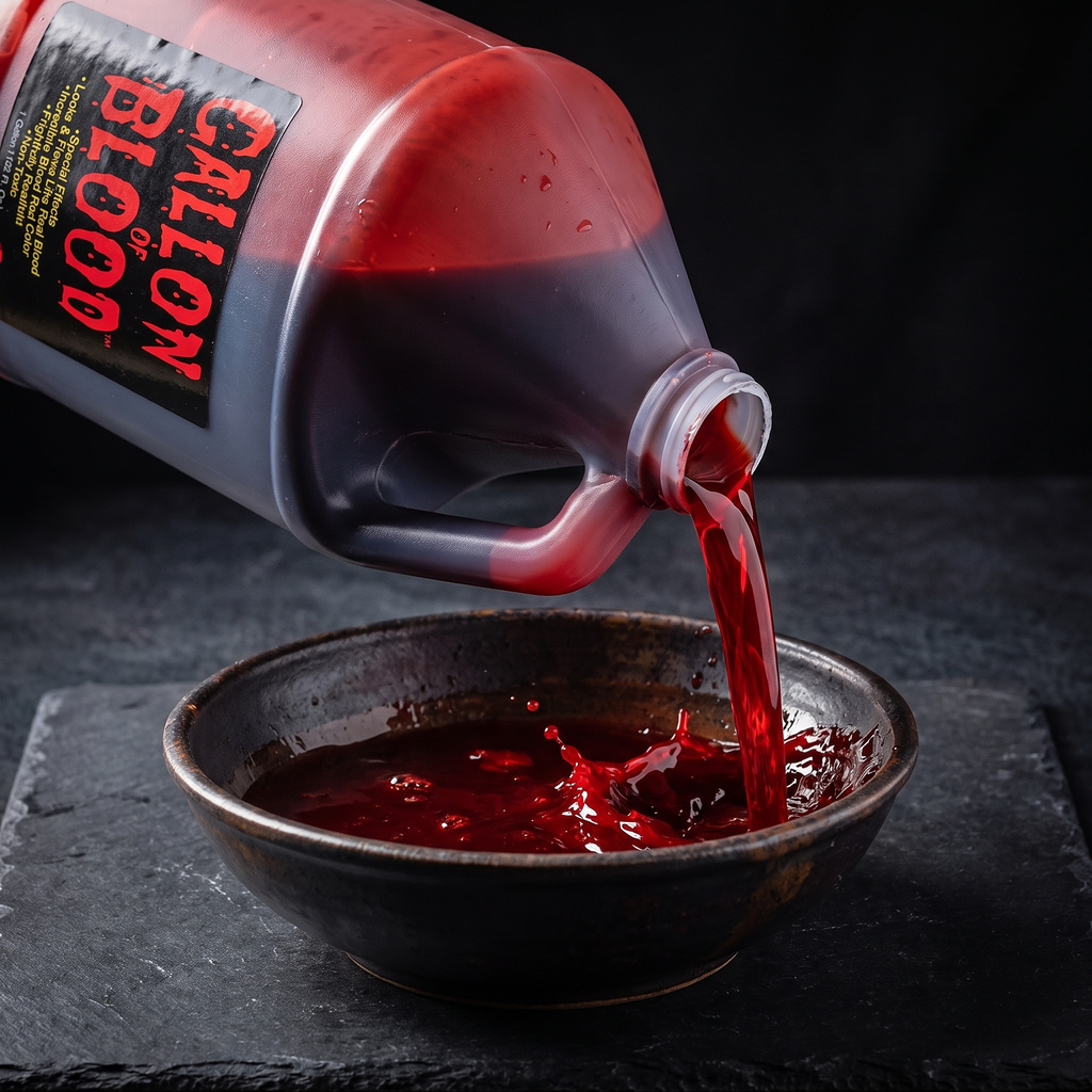 Gallon jug pouring thick red stage blood into a bowl