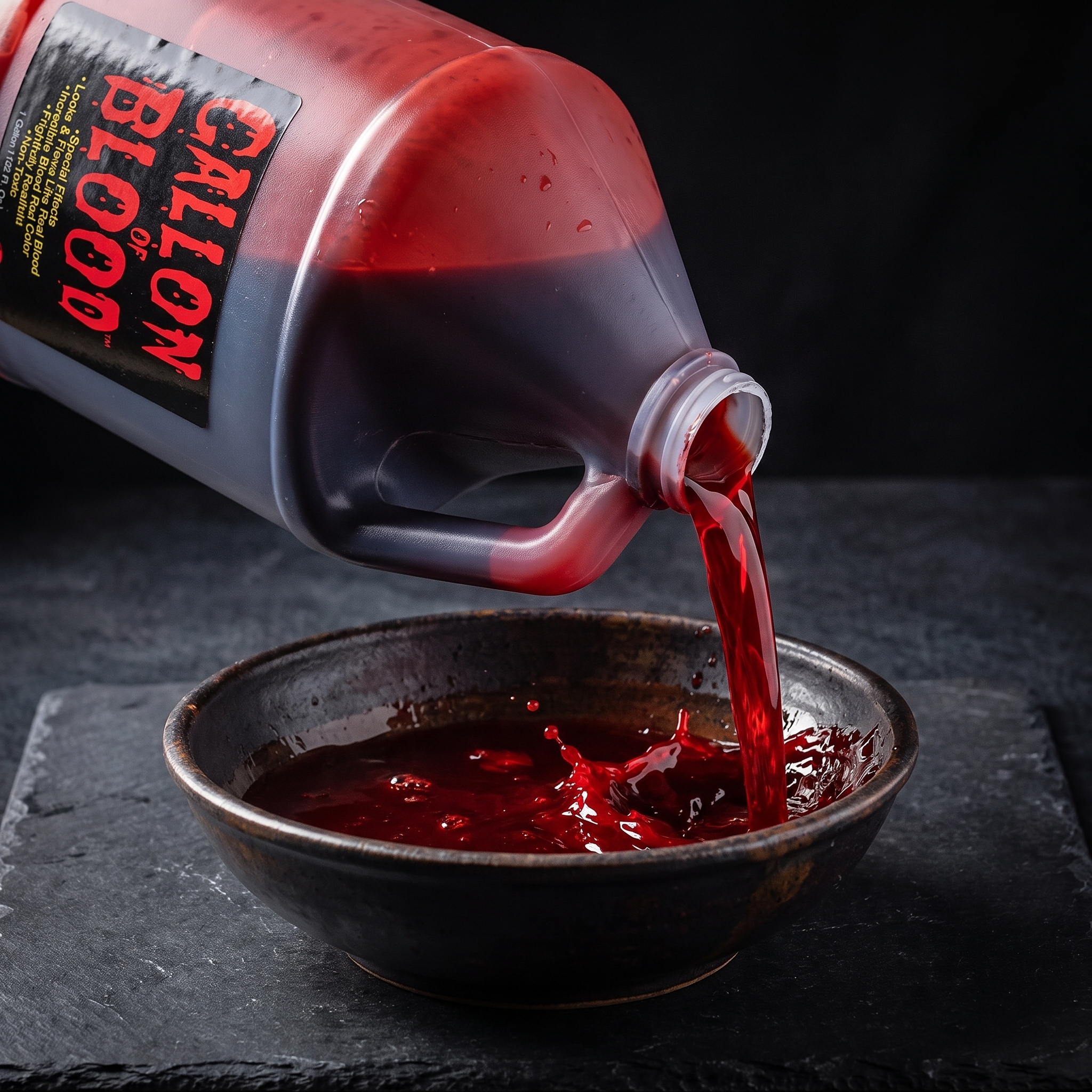 Gallon jug pouring thick red stage blood into a bowl