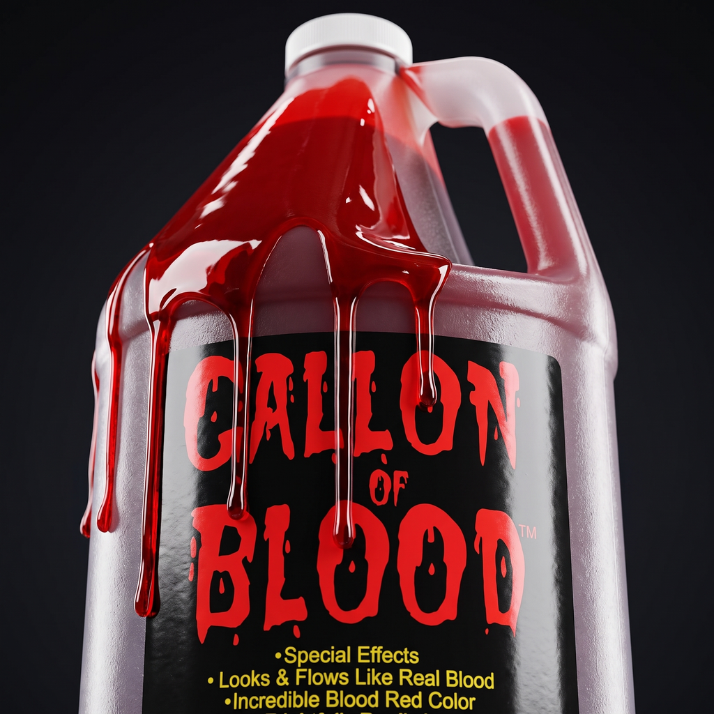 Close up of the stage blood gallon jug label with blood dripping