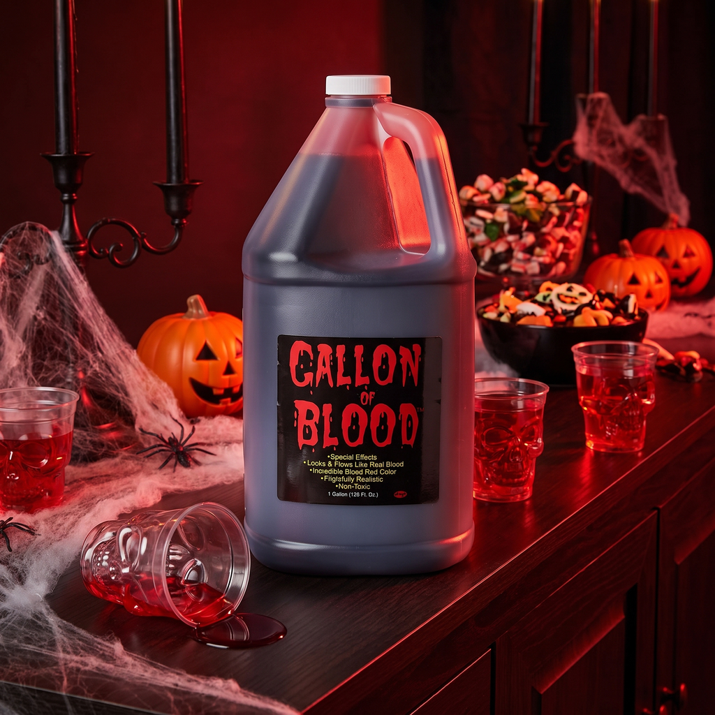 Gallon of stage blood on a Halloween party table with cups