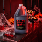 Gallon of stage blood on a Halloween party table with cups