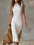 White stand collar midi dress with split hem, front view