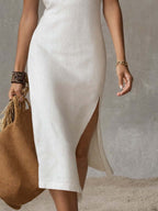 White midi dress stand collar detail