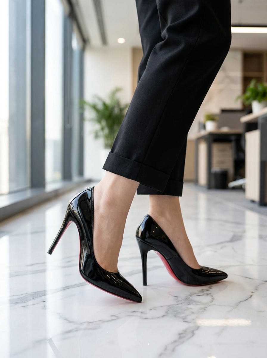 Pointed toe stiletto pumps worn on a polished floor