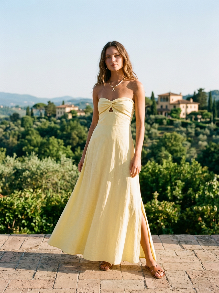 Strapless cotton maxi dress with twist front and side slit on a sunlit terrace