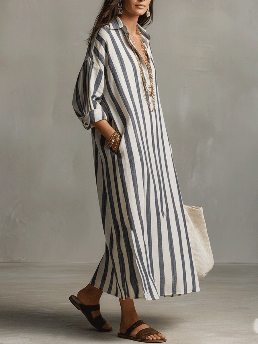 Striped maxi dress showing the flowing relaxed silhouette