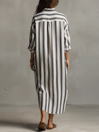 Striped maxi dress detail showing the stripe pattern and fabric