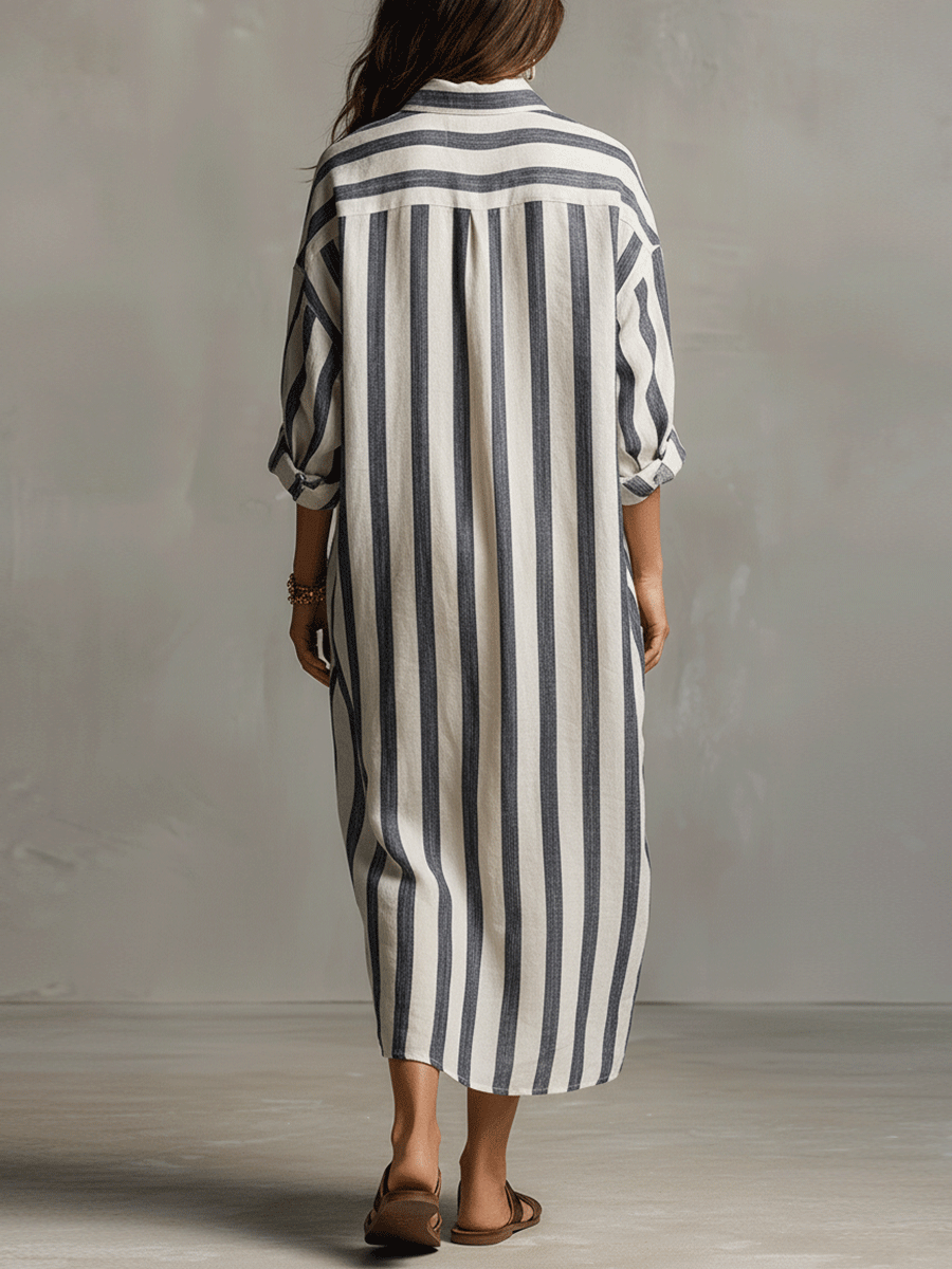Striped maxi dress detail showing the stripe pattern and fabric
