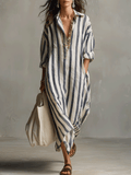 Off-white striped maxi dress, front view