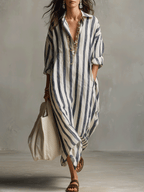 Off-white striped maxi dress, front view