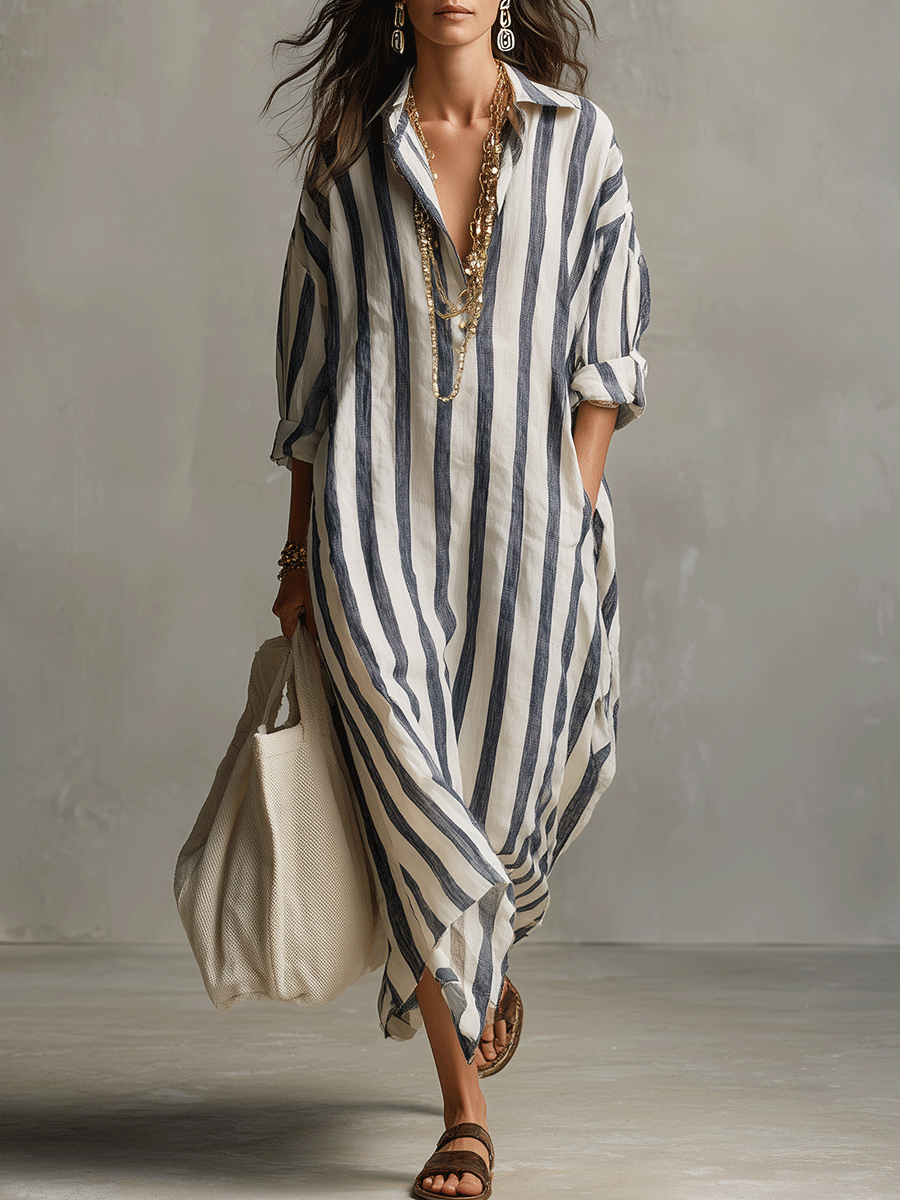 Off-white striped maxi dress, front view