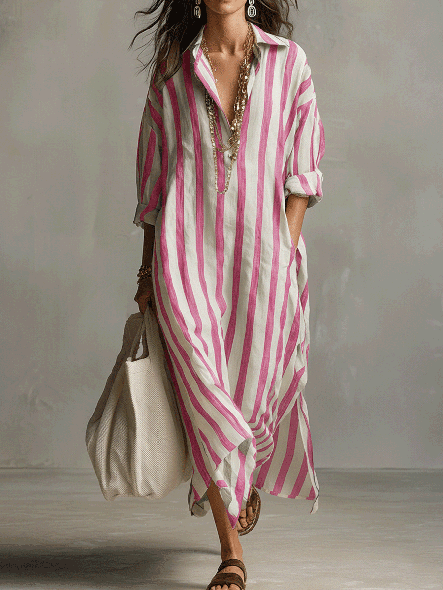 Pink striped maxi dress, front view