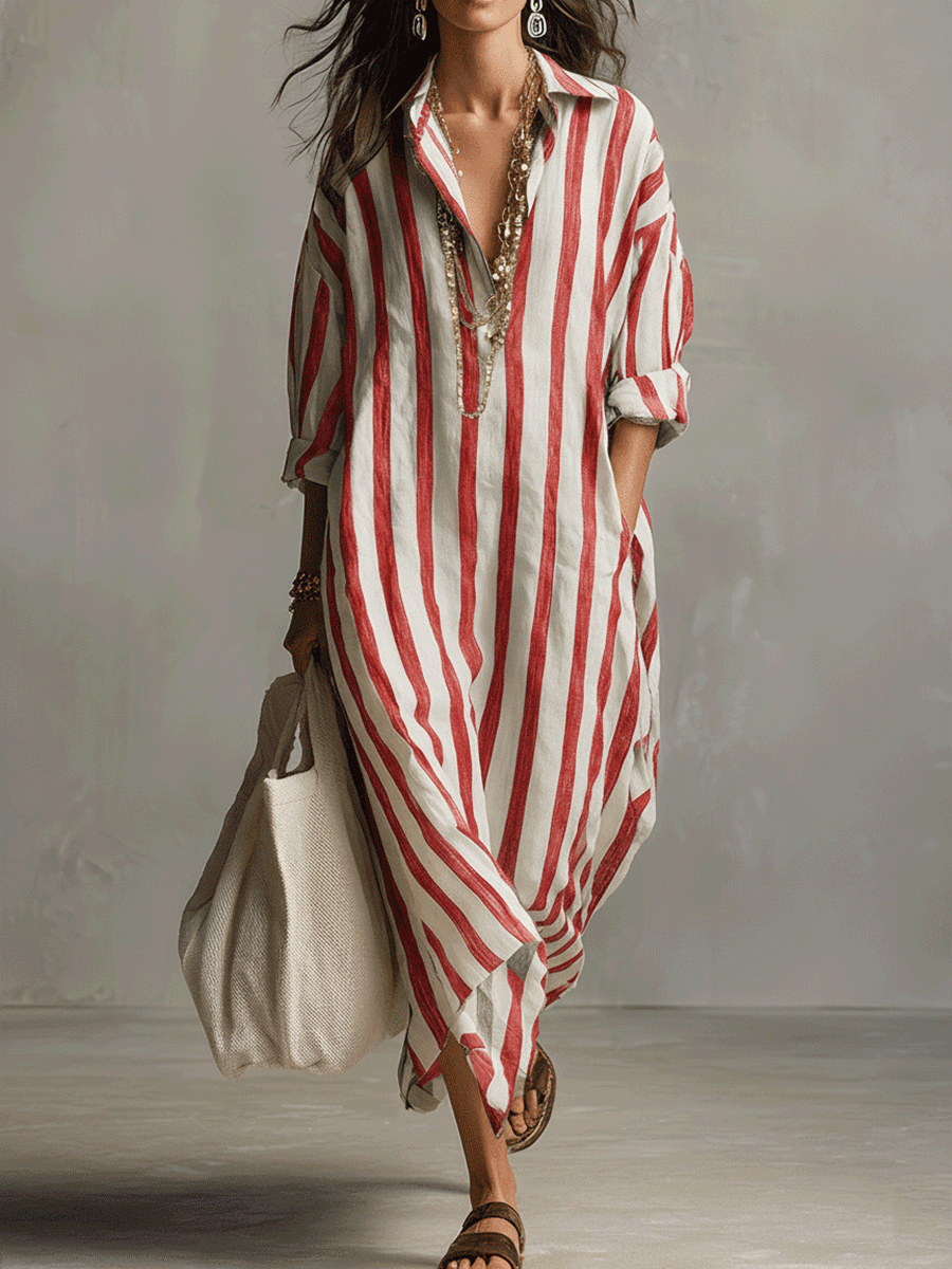 Red striped maxi dress, front view