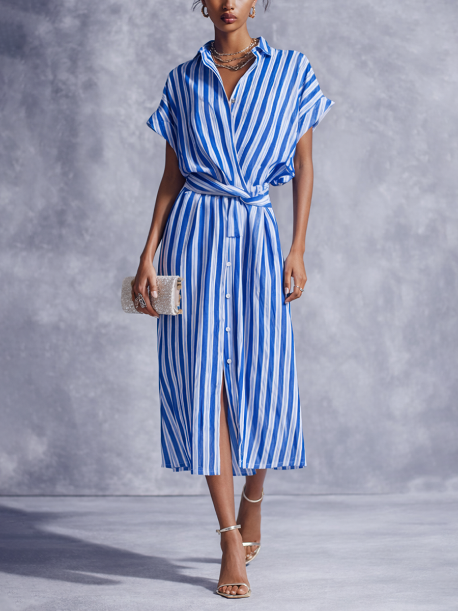 Blue and white striped wrap midi dress