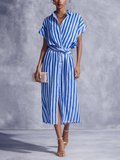 Blue and white striped wrap midi dress