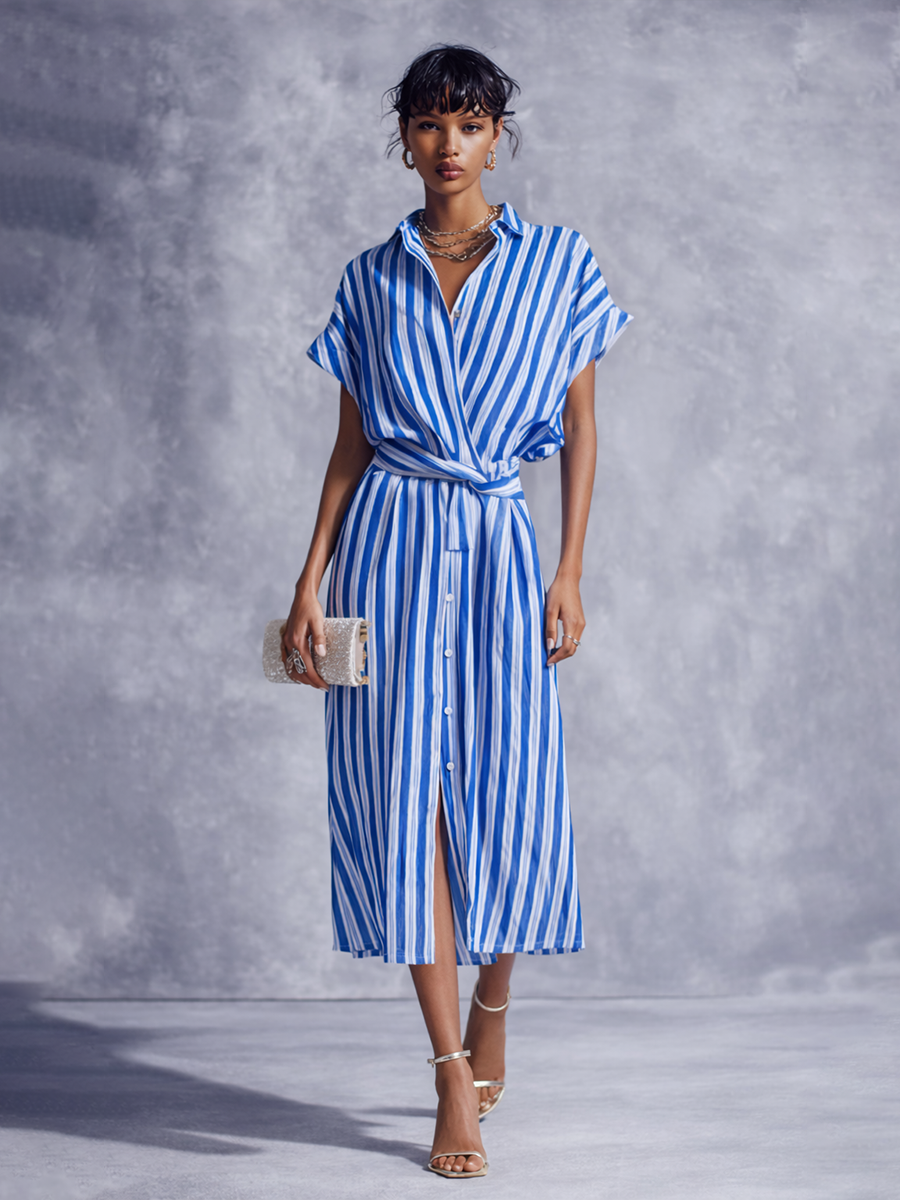 Striped wrap midi dress, front view