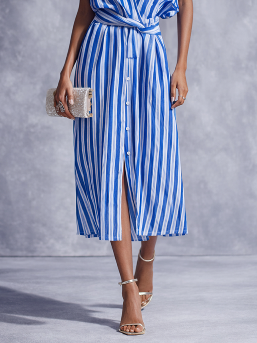 Striped wrap midi dress, fabric detail
