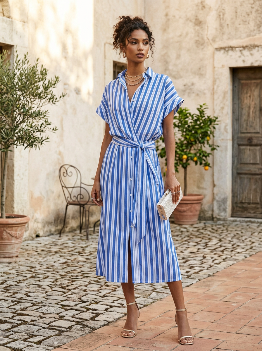 Blue and white striped wrap midi dress in a sunlit courtyard