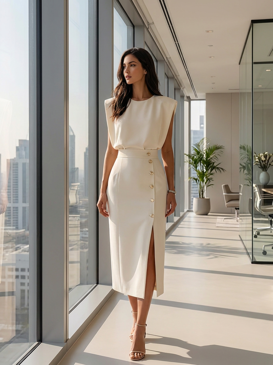 Structured tailored midi dress worn in a modern office