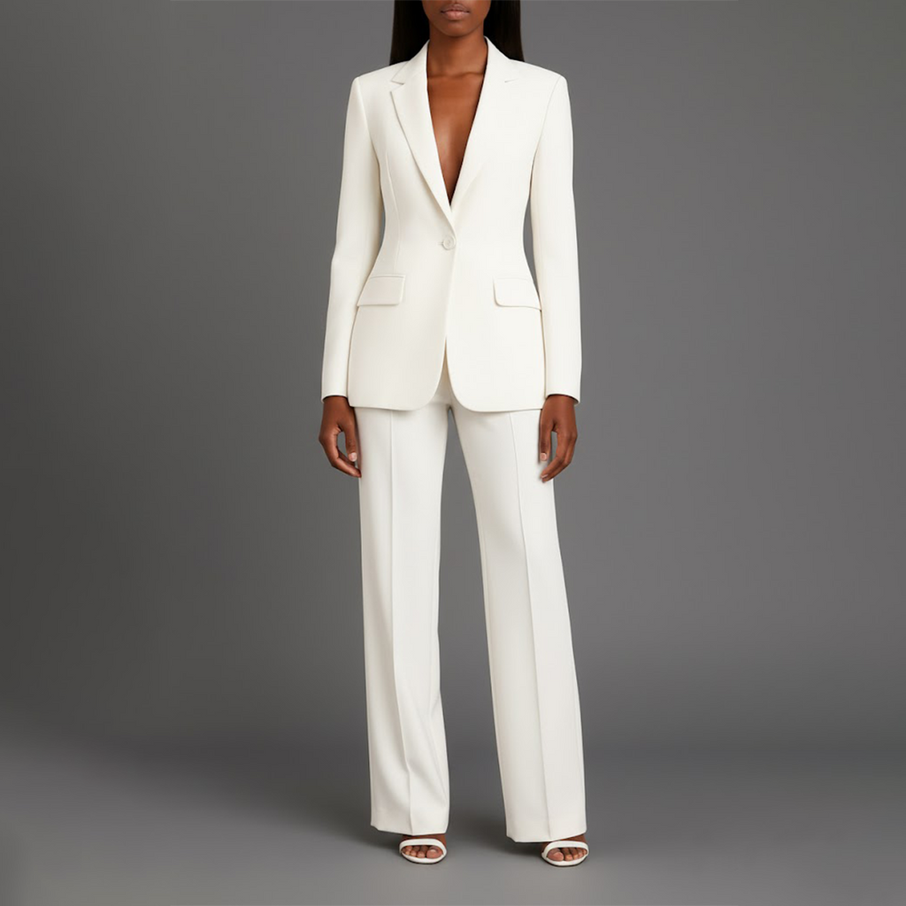 Tailored women's suit set in white, long-line blazer and trousers