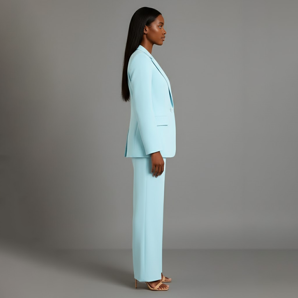 Tailored women's suit set in turquoise, long-line blazer and trousers
