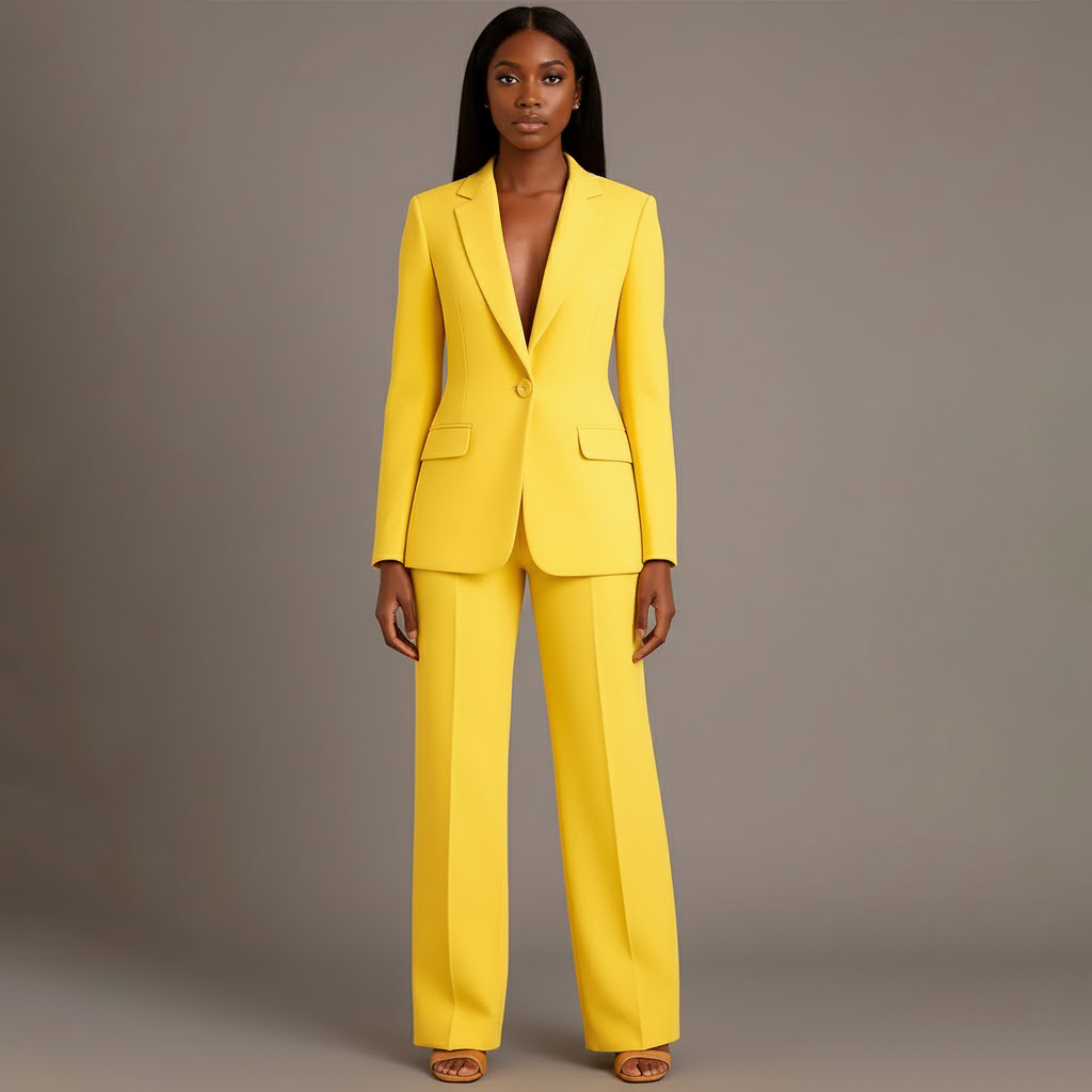 Tailored women's suit set in yellow, long-line blazer and trousers