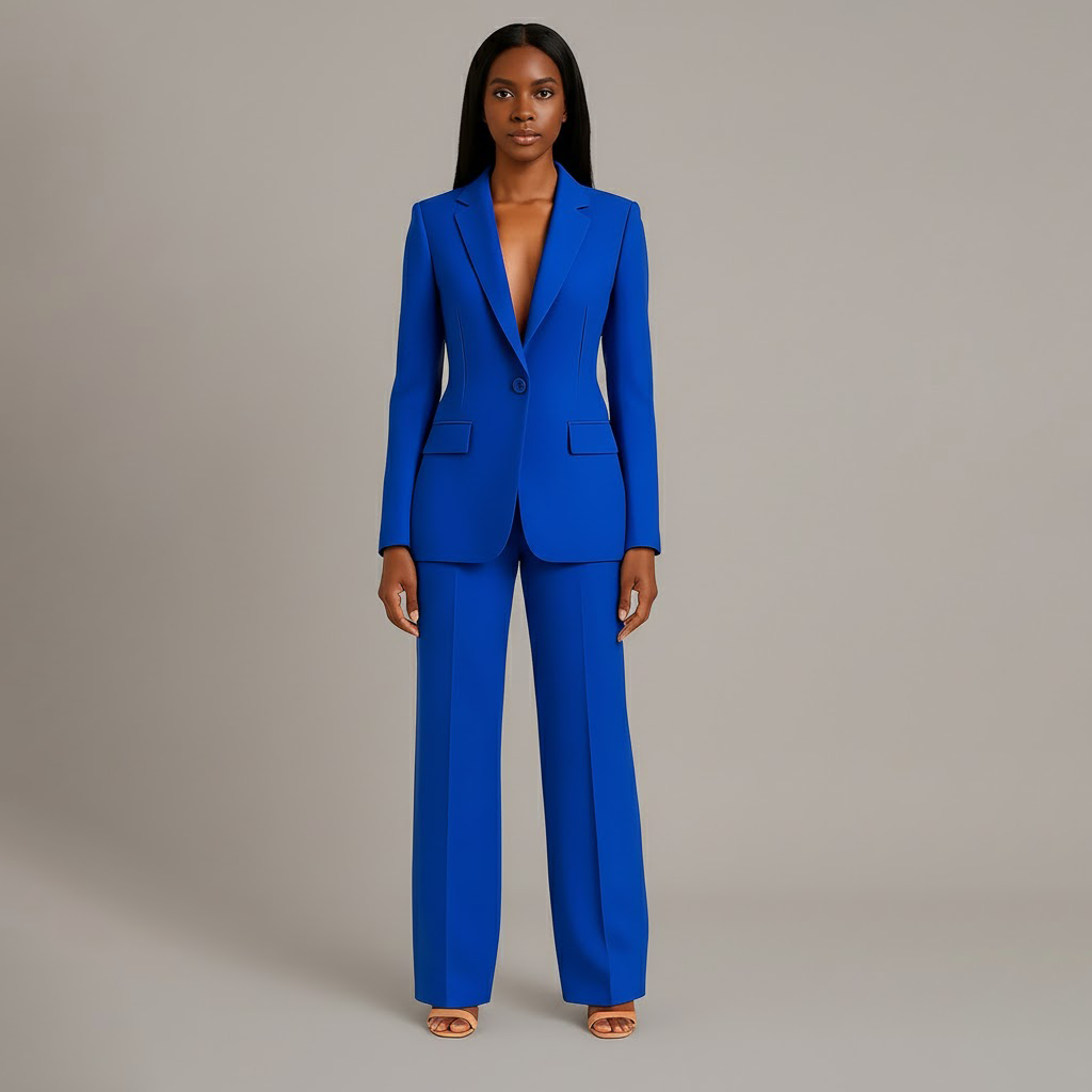 Tailored women's suit set in blue, long-line blazer and trousers