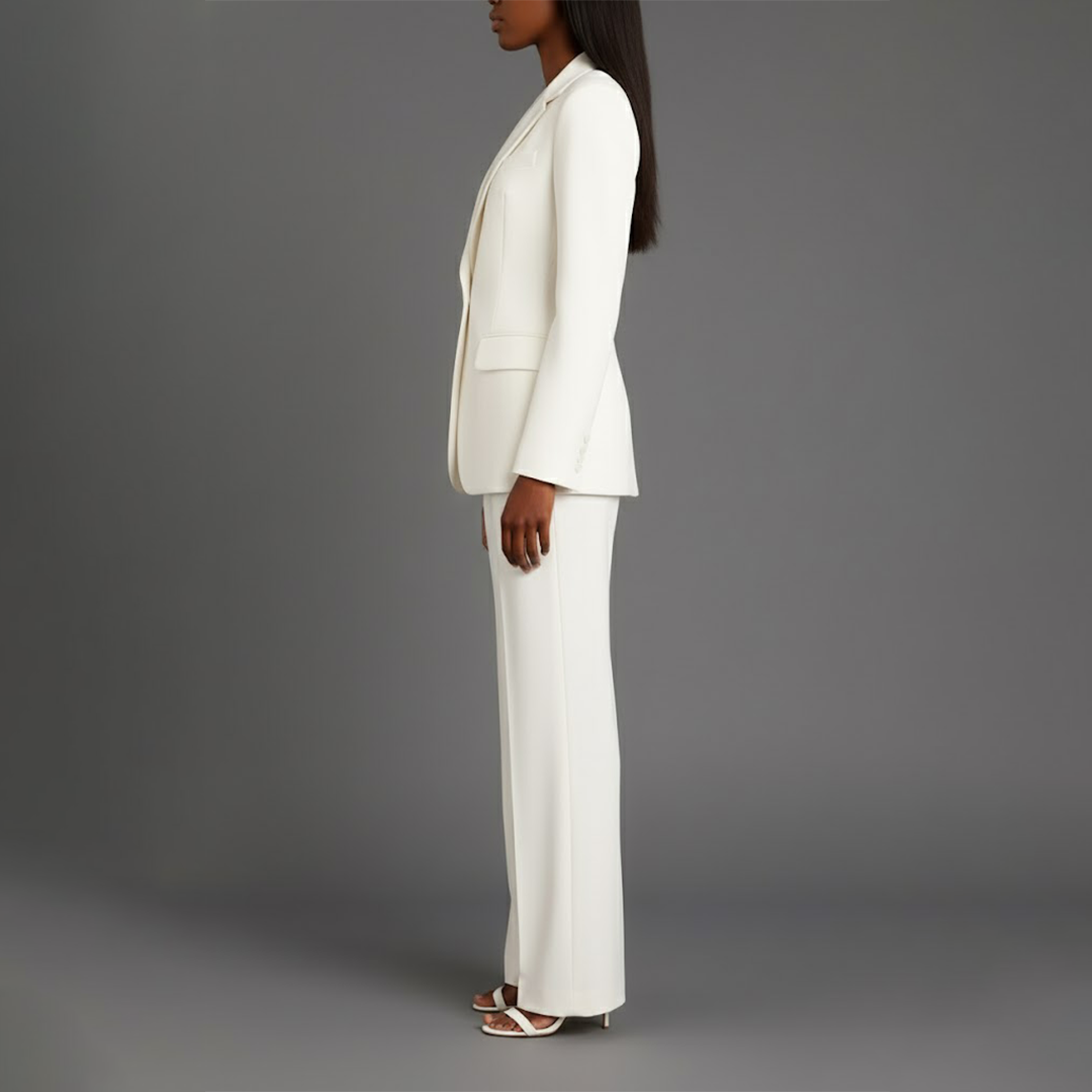 Tailored women's suit set, blazer and trousers detail