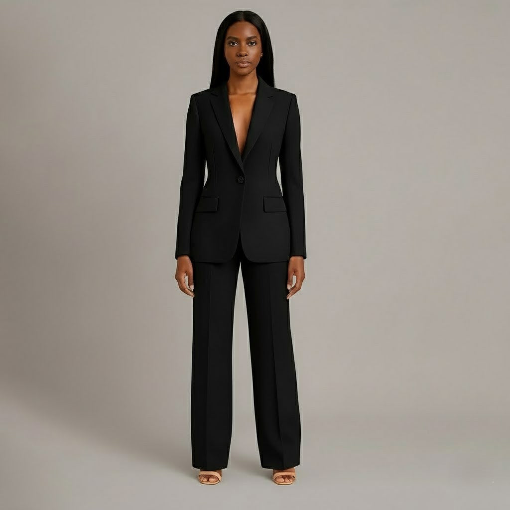 Tailored women's suit set in black, long-line blazer and trousers