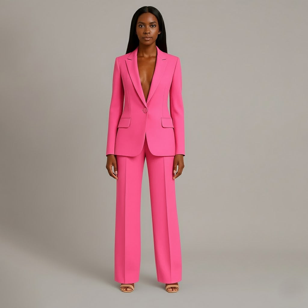 Tailored women's suit set in pink, long-line blazer and trousers