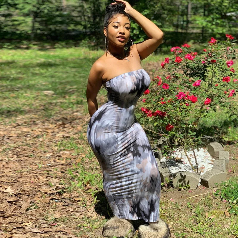 Tie-dye off-shoulder summer dress in dark grey