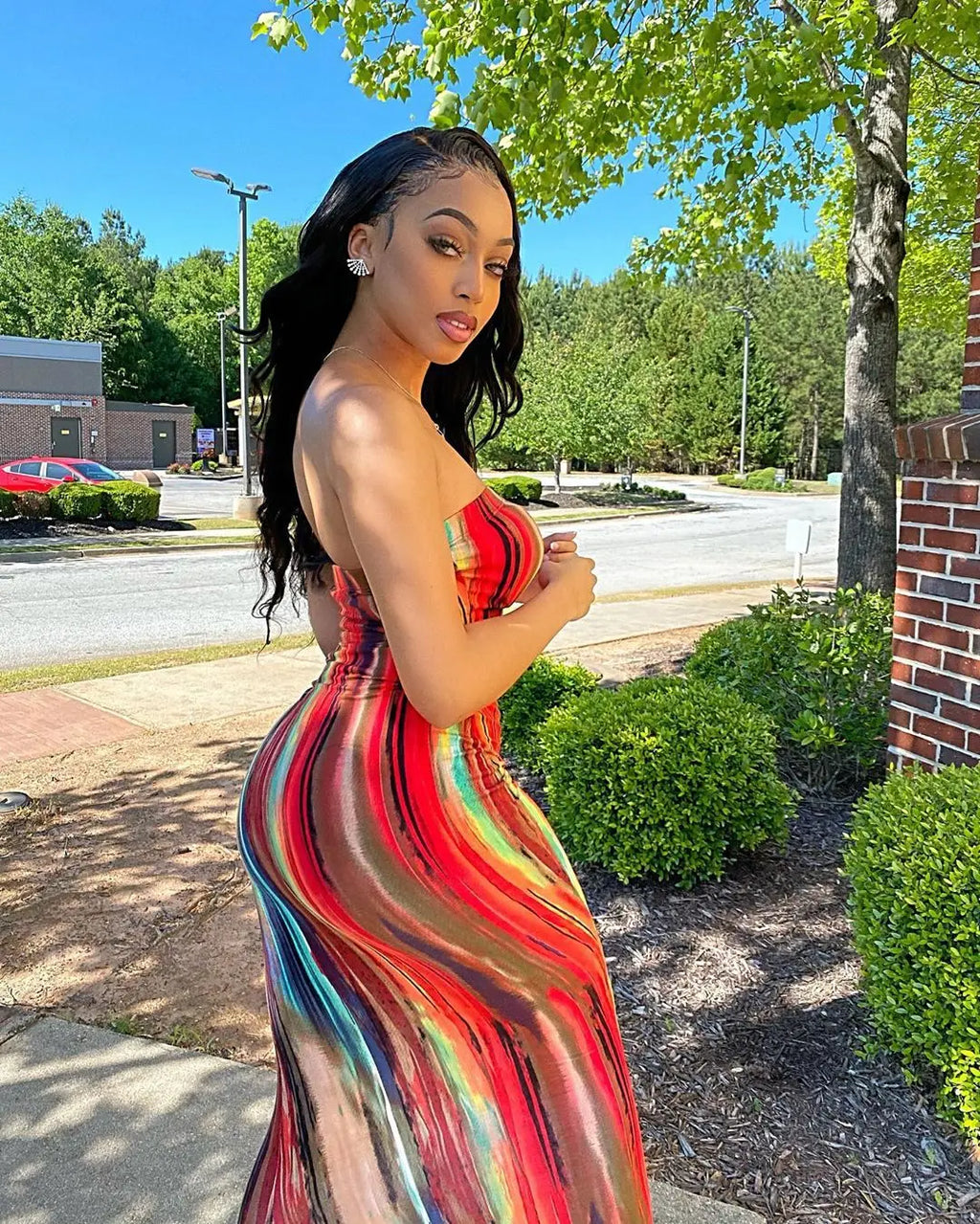 Tie-dye off-shoulder summer dress, styled view