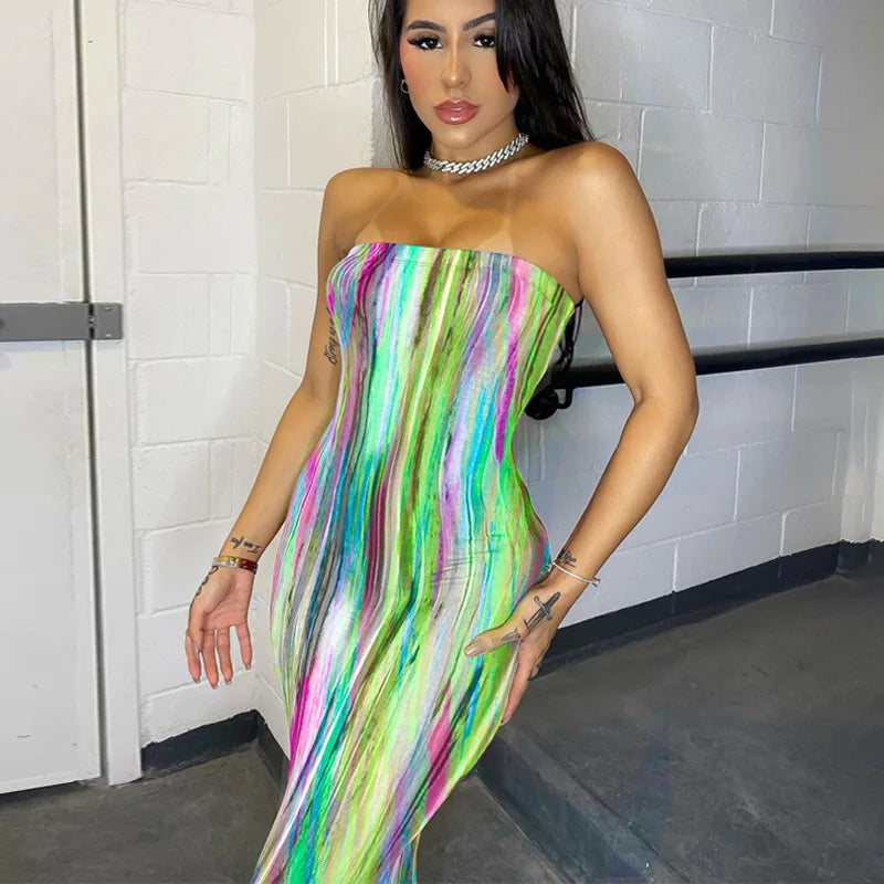 Tie-dye off-shoulder summer dress in green