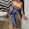 Tie-dye off-shoulder summer dress in deep blue