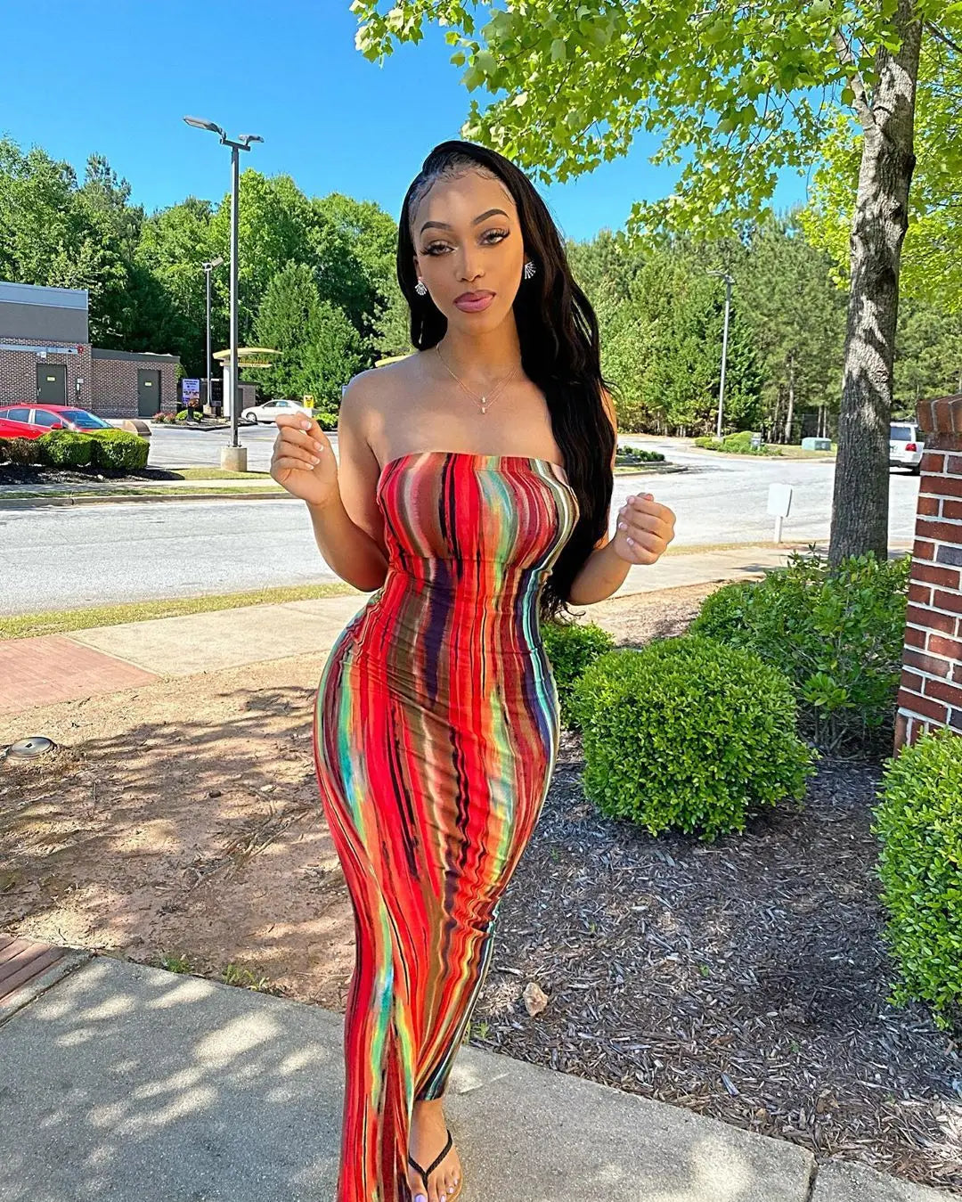 Tie-dye off-shoulder summer dress in red