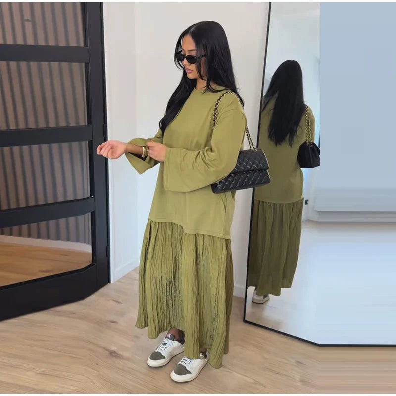 Tiered maxi dress in Green with long sleeves